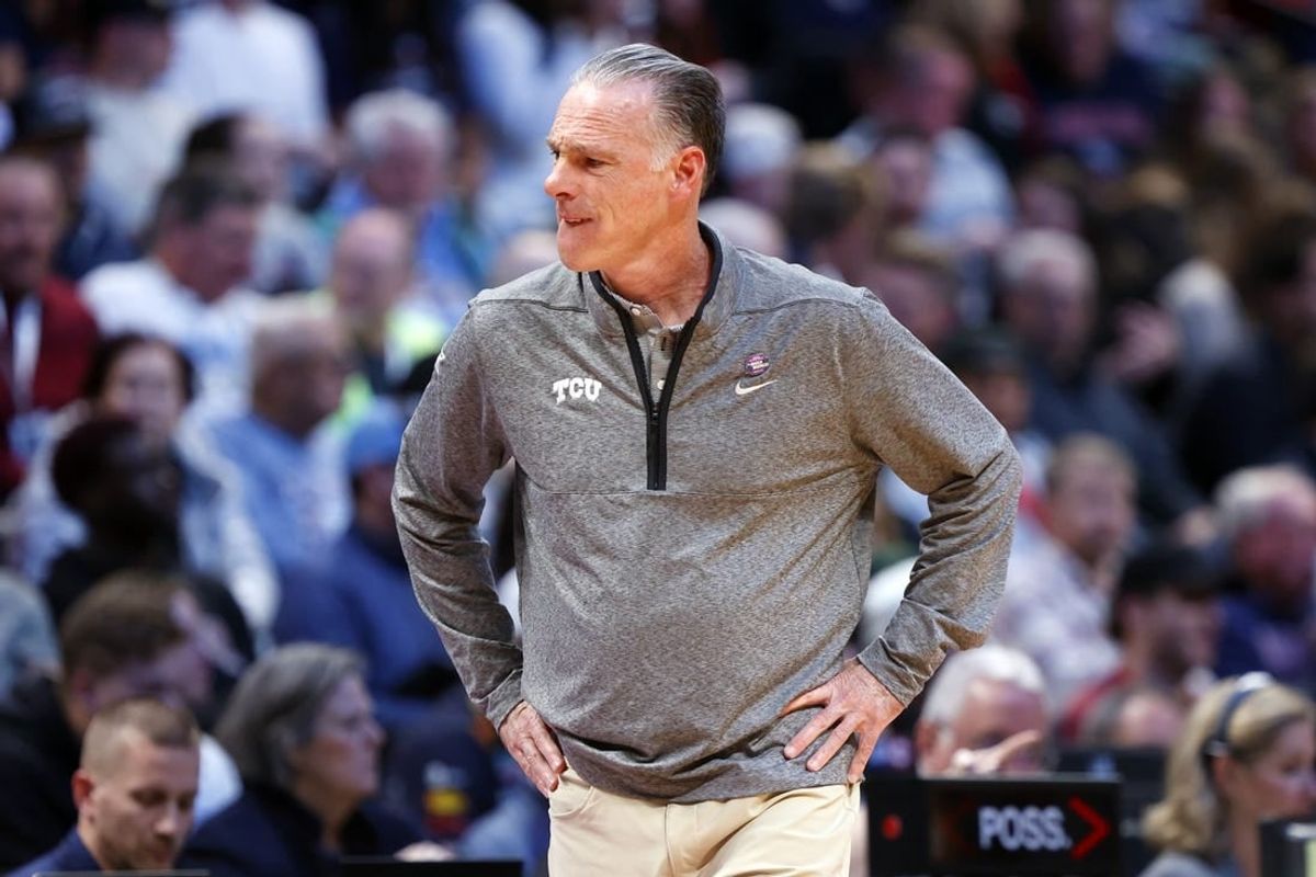Mar 19, 2023; Denver, CO, USA; TCU Horned Frogs head coach Jamie Dixon reacts in the first half against the Gonzaga Bulldogs at Ball Arena.