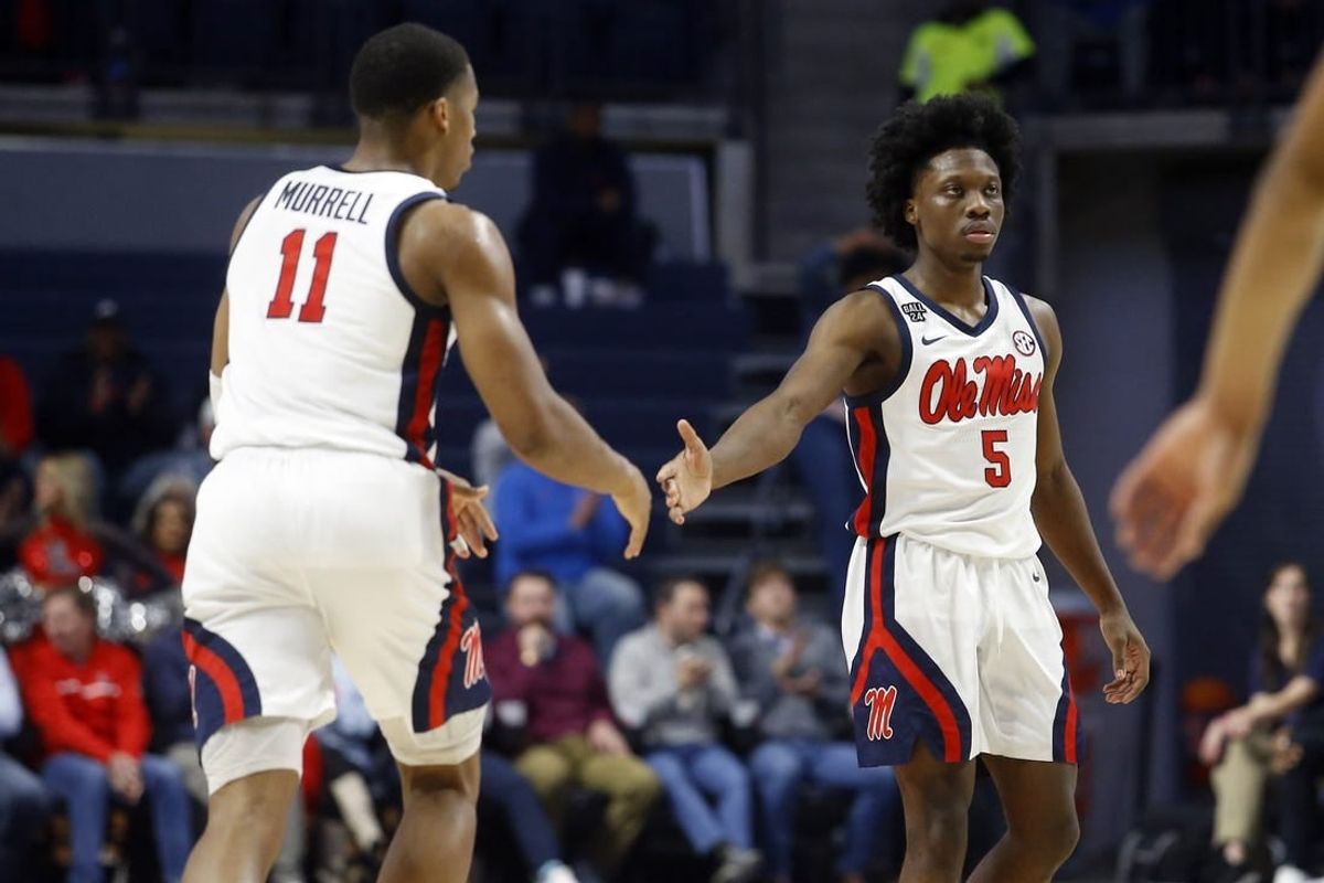 Dec 5, 2023; Oxford, Mississippi, USA; Mississippi Rebels guard Jaylen Murray (5) reacts with guard Matthew Murrell (11) during the second half against the Mount St. Mary's Mountaineers at The Sandy and John Black Pavilion at Ole Miss.