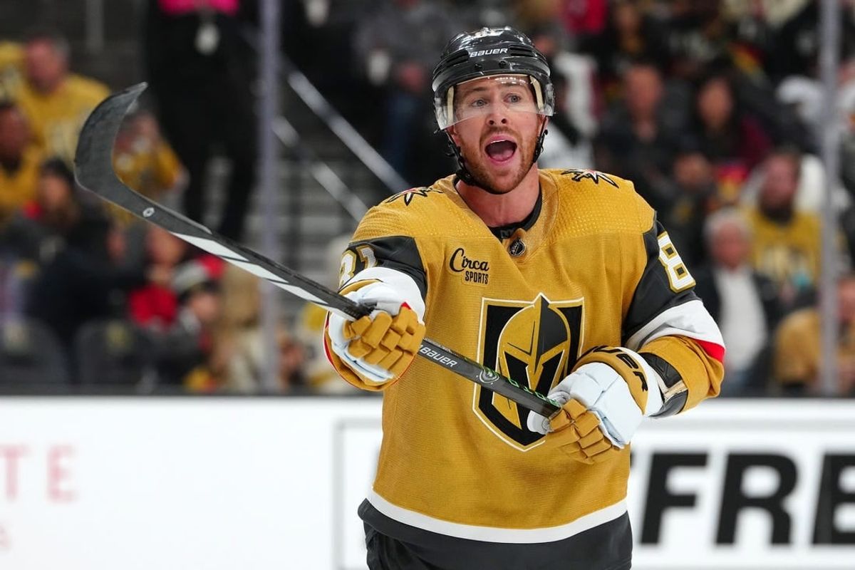 Dec 2, 2023; Las Vegas, Nevada, USA; Vegas Golden Knights right wing Jonathan Marchessault (81) talks to a team mate before a face off against the Washington Capitals during the second period at T-Mobile Arena.