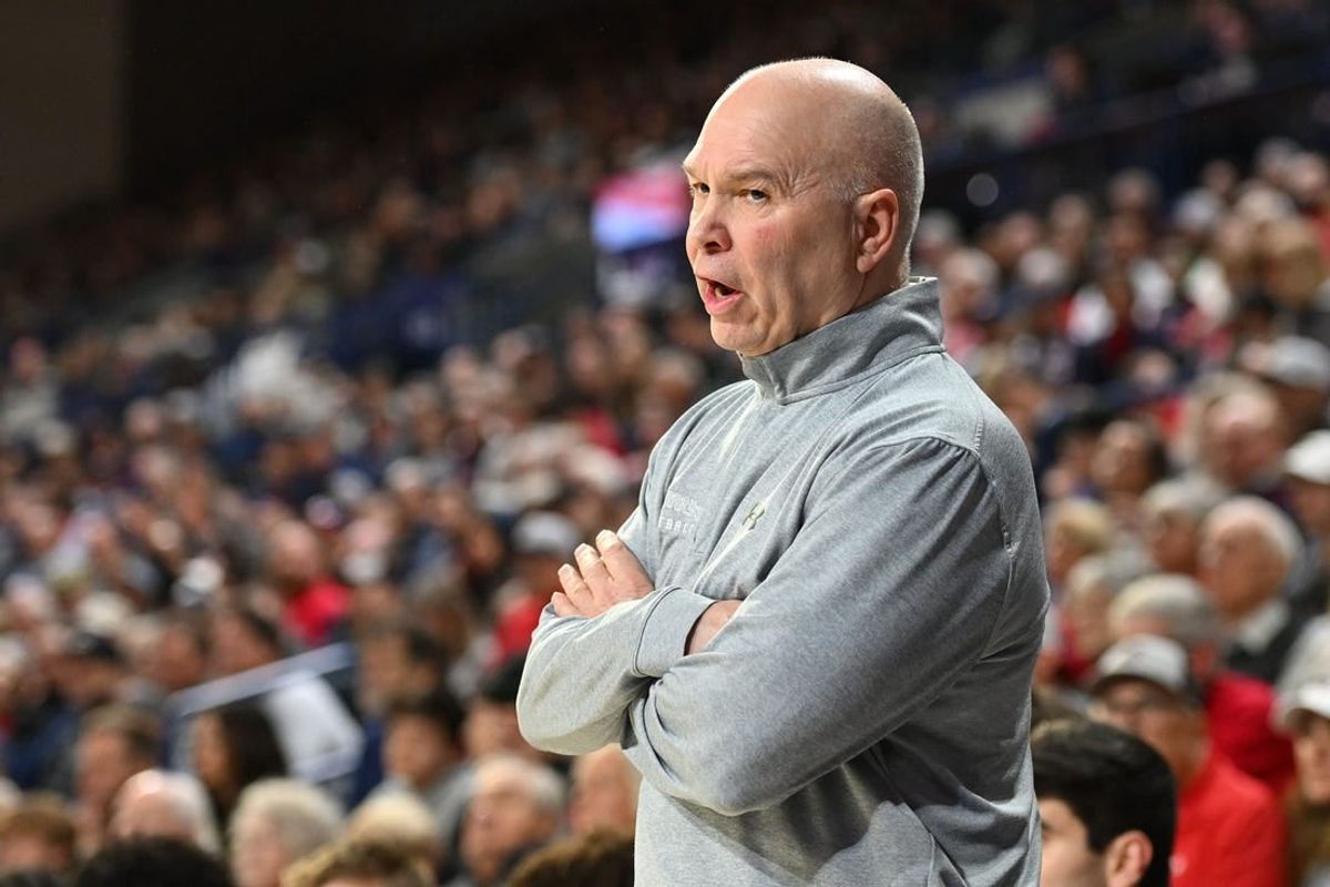 Feb 3, 2024; Spokane, Washington, USA; St. Mary's Gaels head coach Randy Bennett looks on against the Gonzaga Bulldogs in the first half at McCarthey Athletic Center.