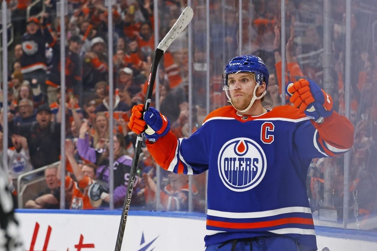 Jan 27, 2024; Edmonton, Alberta, CAN; Edmonton Oilers forward Connor McDavid (97) celebrates after scoring a goal during the third period against the Nashville Predators at Rogers Place.