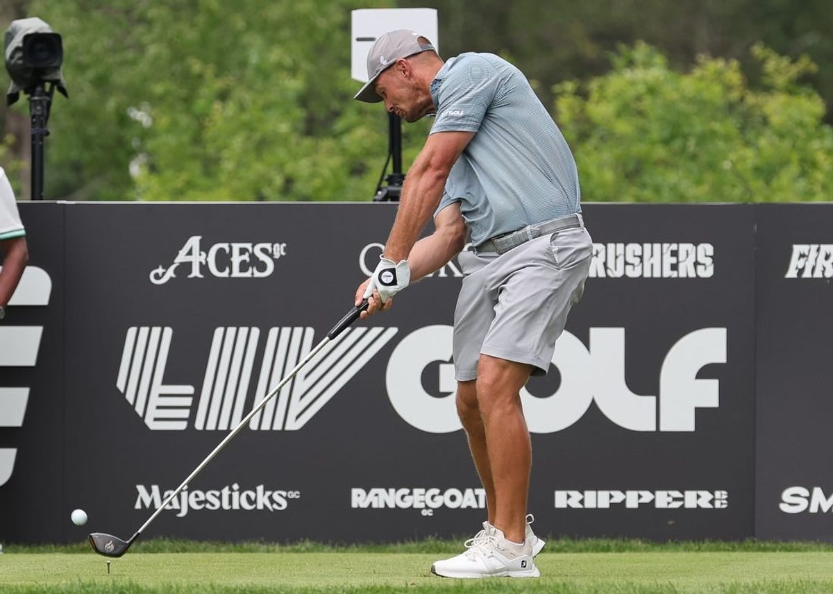 Aug 12, 2023; Bedminster, New Jersey, USA; Bryson DeChambeau plays his shot from the ninth tee during the second round of the LIV Golf Bedminster golf tournament at Trump National Bedminster.