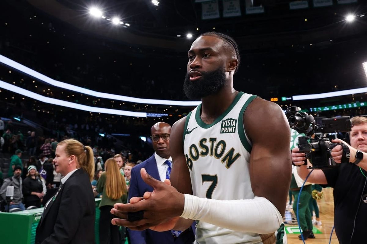 Dec 29, 2023; Boston, Massachusetts, USA; Boston Celtics forward Jaylen Brown (7) reacts after defeating the Toronto Raptors at TD Garden.