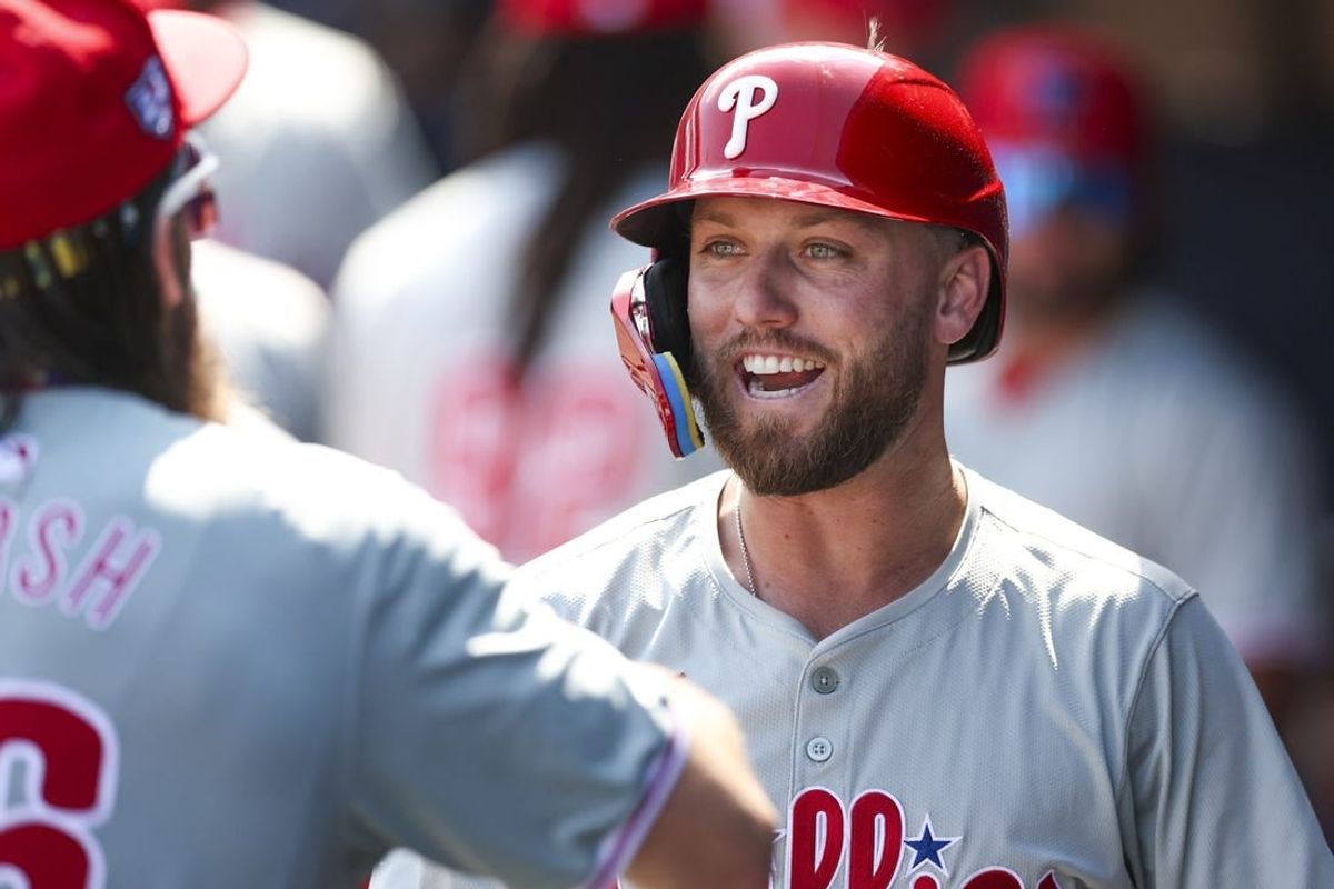 Mar 18, 2024; Tampa, Florida, USA;  Philadelphia Phillies second baseman Kody Clemens (2) celebrates after hitting a home run against the New York Yankees in the seventh inning at George M. Steinbrenner Field.