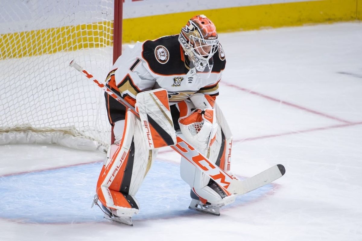 Feb 15, 2024; Ottawa, Ontario, CAN; Anaheim Ducks goalie Lukas Dostal (1) is brought in for the third period against the Ottawa Senators at the Canadian Tire Centre.