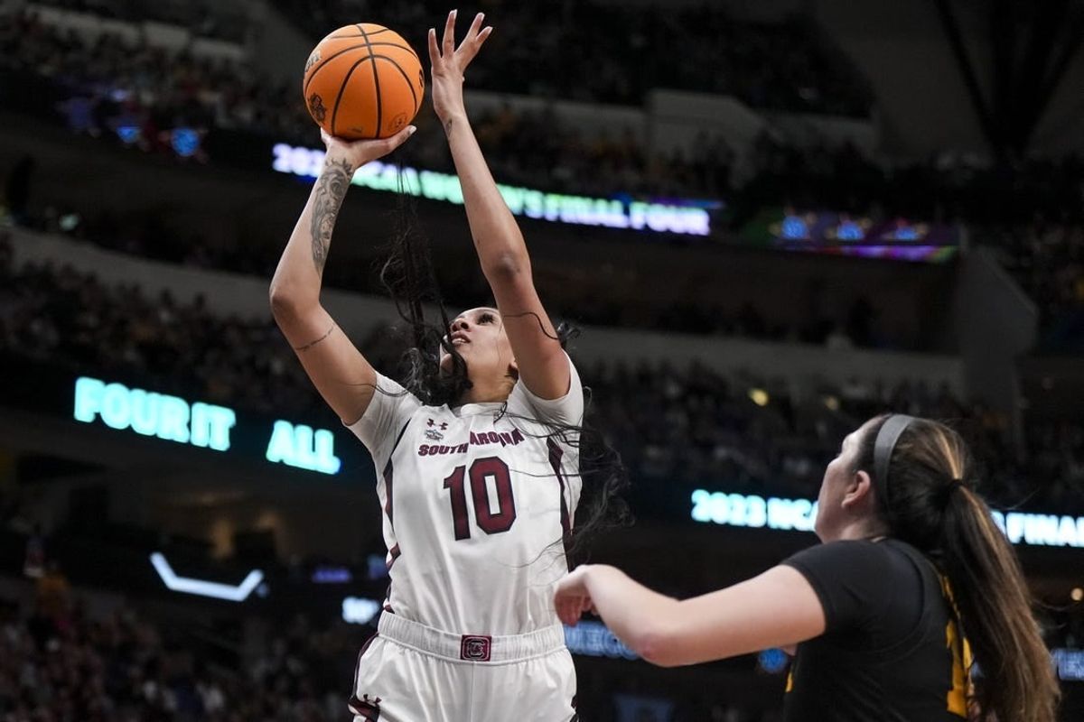 Mar 31, 2023; Dallas, TX, USA; South Carolina Gamecocks center Kamilla Cardoso (10) drives to the basket against the Iowa Hawkeyes in the second half in semifinals of the women's Final Four of the 2023 NCAA Tournament at American Airlines Center.