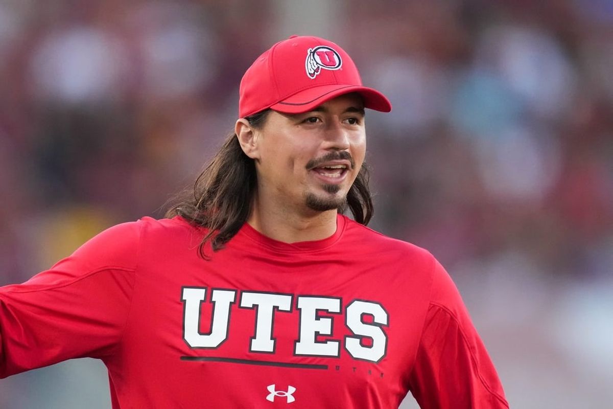 Oct 21, 2023; Los Angeles, California, USA; Utah Utes quarterback Cam Rising reacts against the Southern California Trojans at United Airlines Field at Los Angeles Memorial Coliseum.