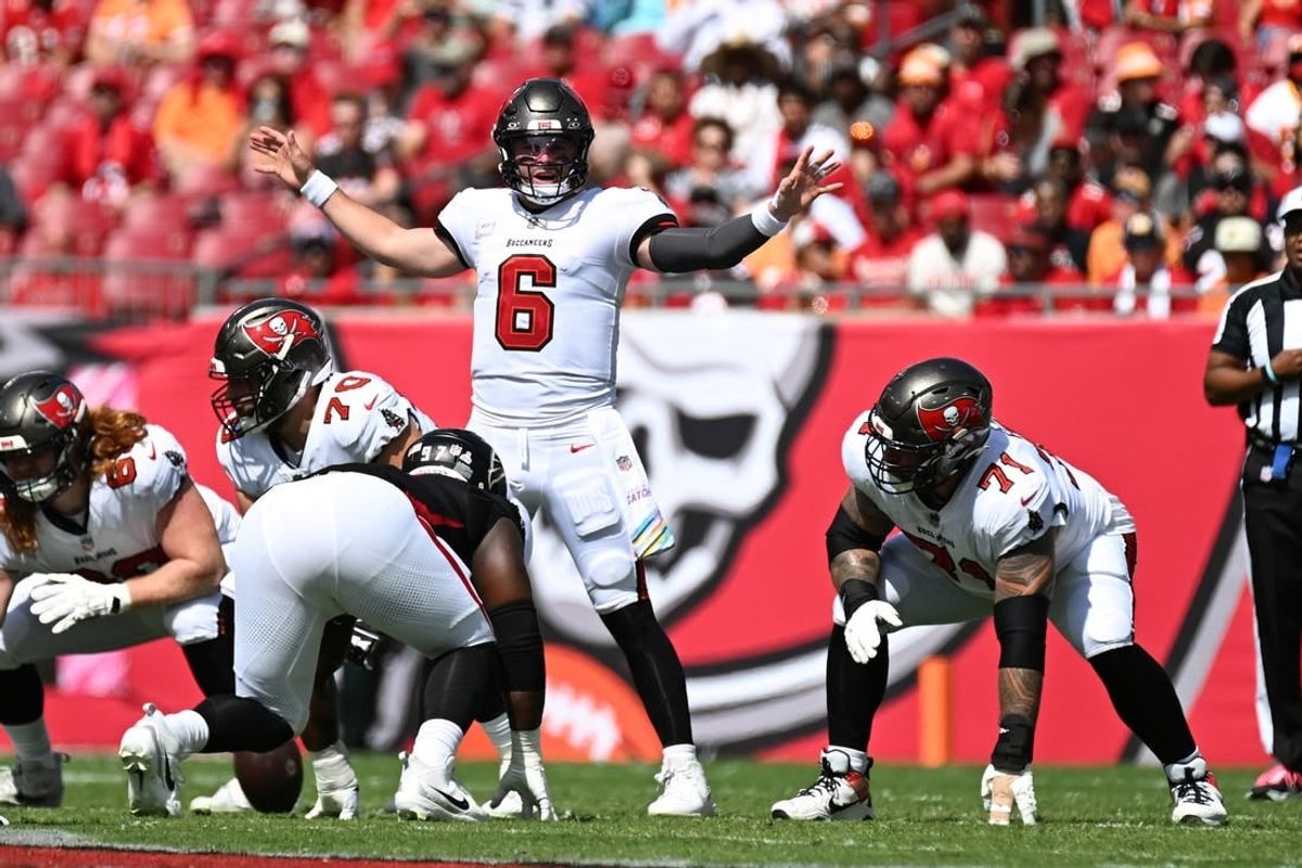 Tampa Bay Buccaneers quarterback Baker Mayfield (6) in the first quarter against the Atlanta Falcons at Raymond James Stadium.