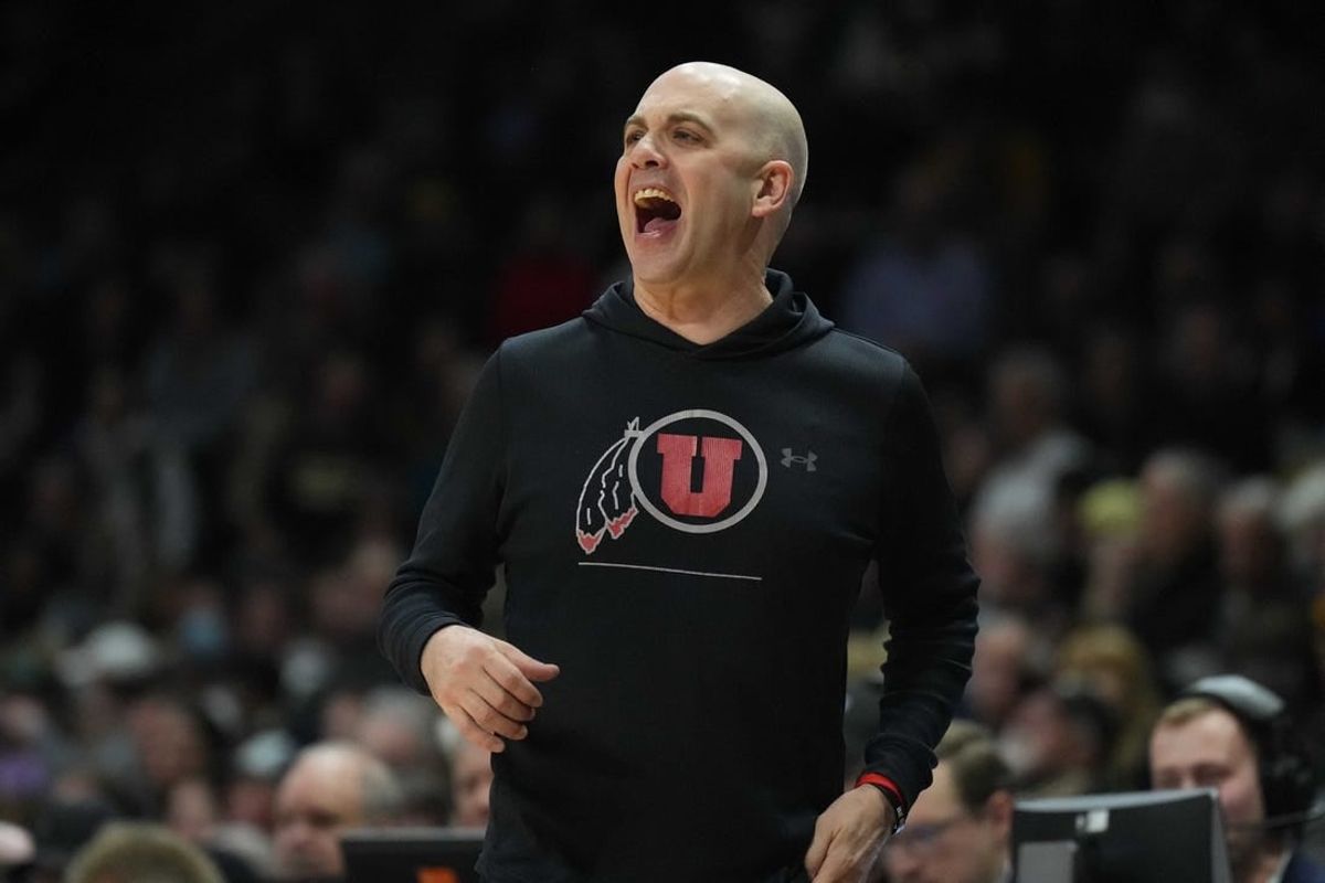 Mar 4, 2023; Boulder, Colorado, USA; Utah Utes head coach Craig Smith calls out in the first half against the Colorado Buffaloes at the CU Events Center.