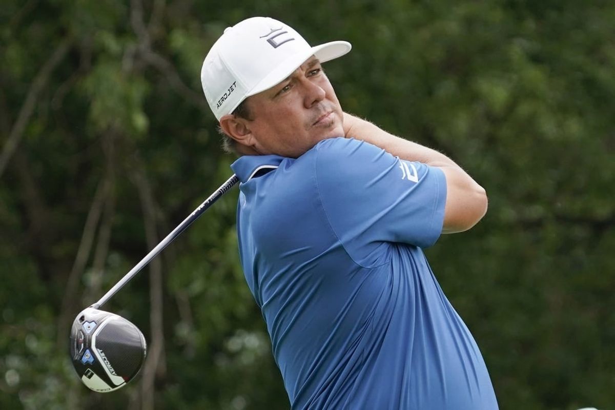 May 11, 2023; McKinney, Texas, USA; Jason Dufner plays his shot from the fifth tee during the first round of the AT&T Byron Nelson golf tournament.