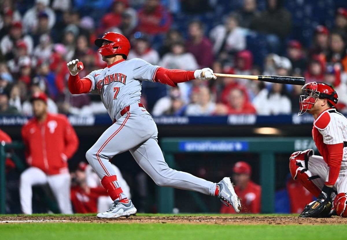 Apr 1, 2024; Philadelphia, Pennsylvania, USA; Cincinnati Reds outfielder Spencer Steer (7) hits a grand slam against the Philadelphia Phillies in the tenth inning at Citizens Bank Park.