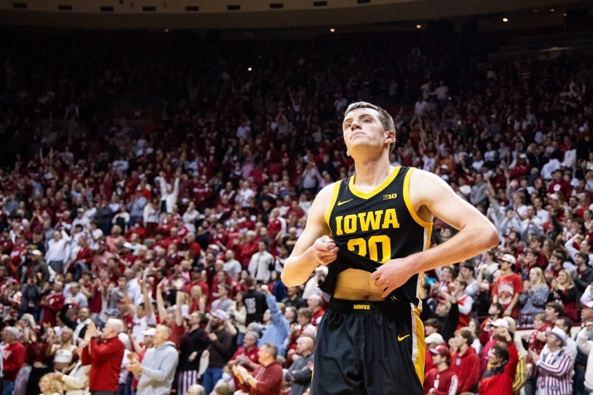 Jan 30, 2024; Bloomington, Indiana, USA; Iowa Hawkeyes forward Payton Sandfort (20) reacts to the loss against the Indiana Hoosiers  at Simon Skjodt Assembly Hall.