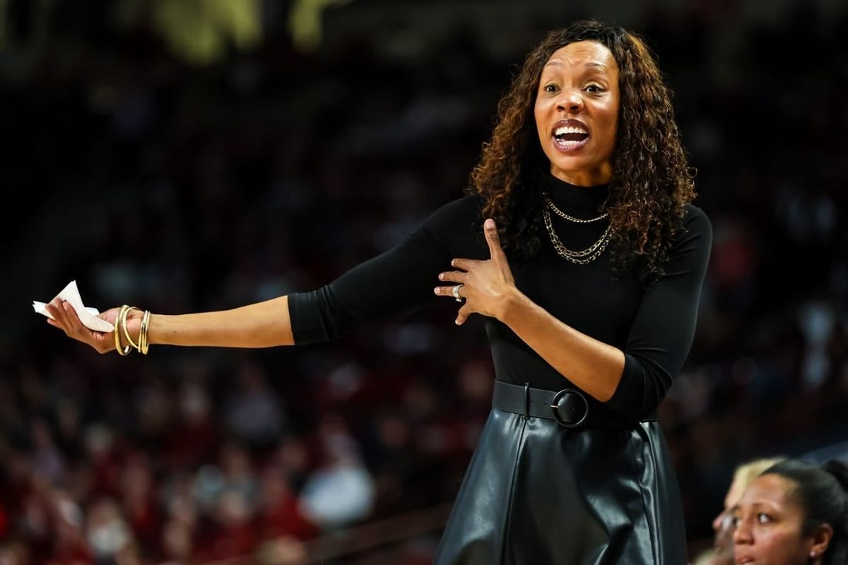 Jan 15, 2024; Columbia, South Carolina, USA; Kentucky Wildcats head coach Kyra Elzy disputes a call against the South Carolina Gamecocks in the first half at Colonial Life Arena.