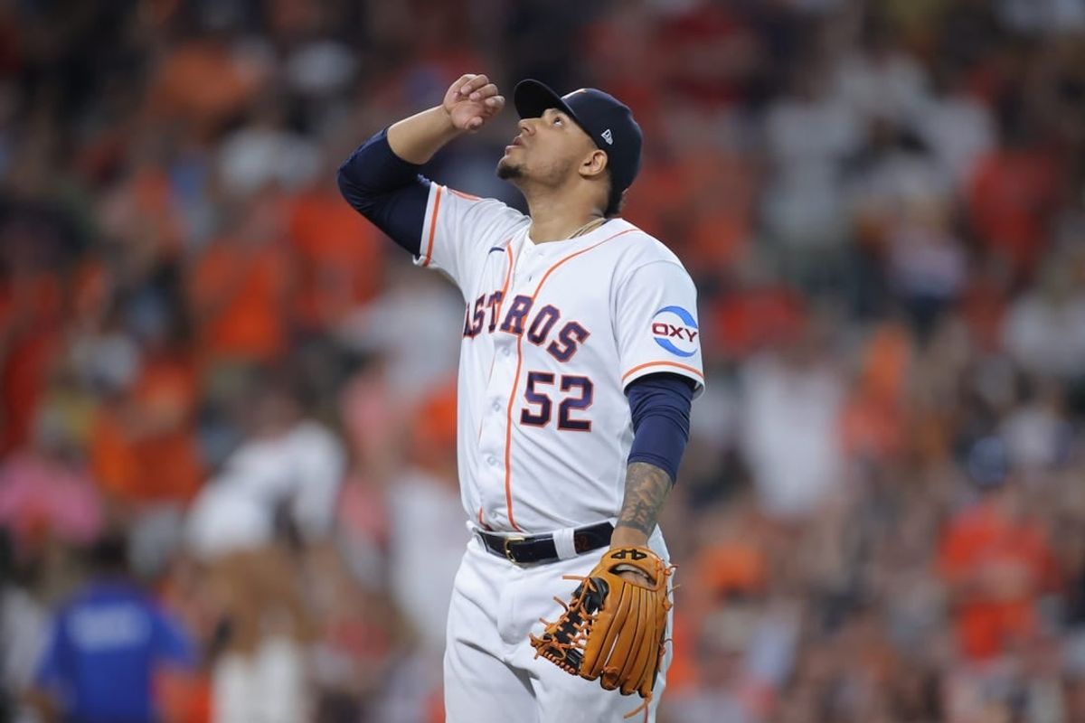 Oct 7, 2023; Houston, Texas, USA; Houston Astros relief pitcher Bryan Abreu (52) looks on in the eighth inning against the Minnesota Twins during game one of the ALDS for the 2023 MLB playoffs at Minute Maid Park.