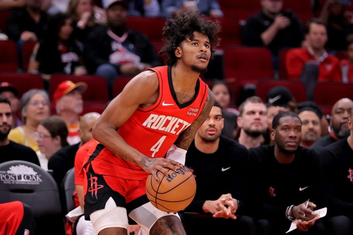Mar 25, 2024; Houston, Texas, USA; Houston Rockets guard Jalen Green (4) takes a three-point shot against the Portland Trail Blazers during the first quarter at Toyota Center.