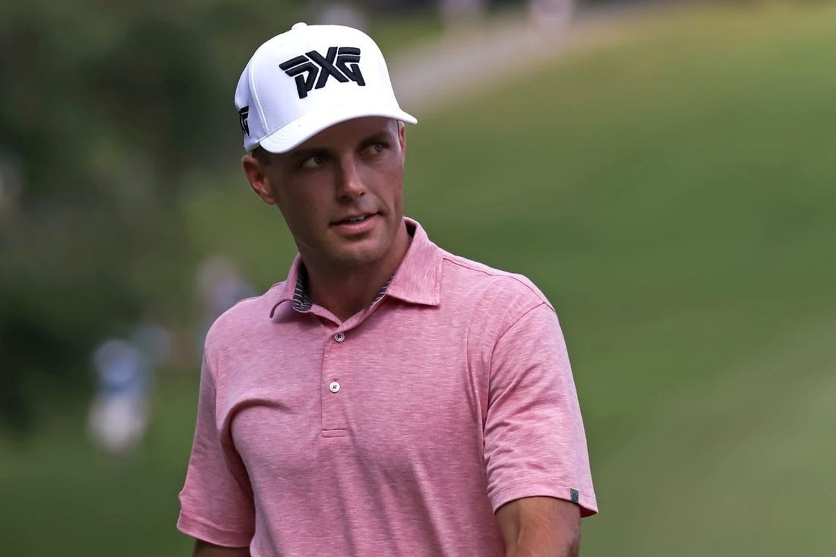 Aug 5, 2023; Greensboro, North Carolina, USA; Eric Cole on the 18th green during the third round of the Wyndham Championship golf tournament.