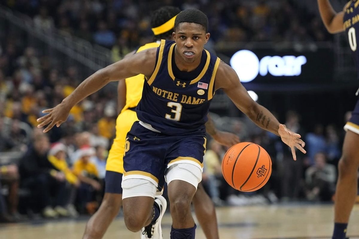 Dec 9, 2023; Milwaukee, Wisconsin, USA;  Notre Dame Fighting Irish guard Markus Burton (3) during the game against the Marquette Golden Eagles at Fiserv Forum.