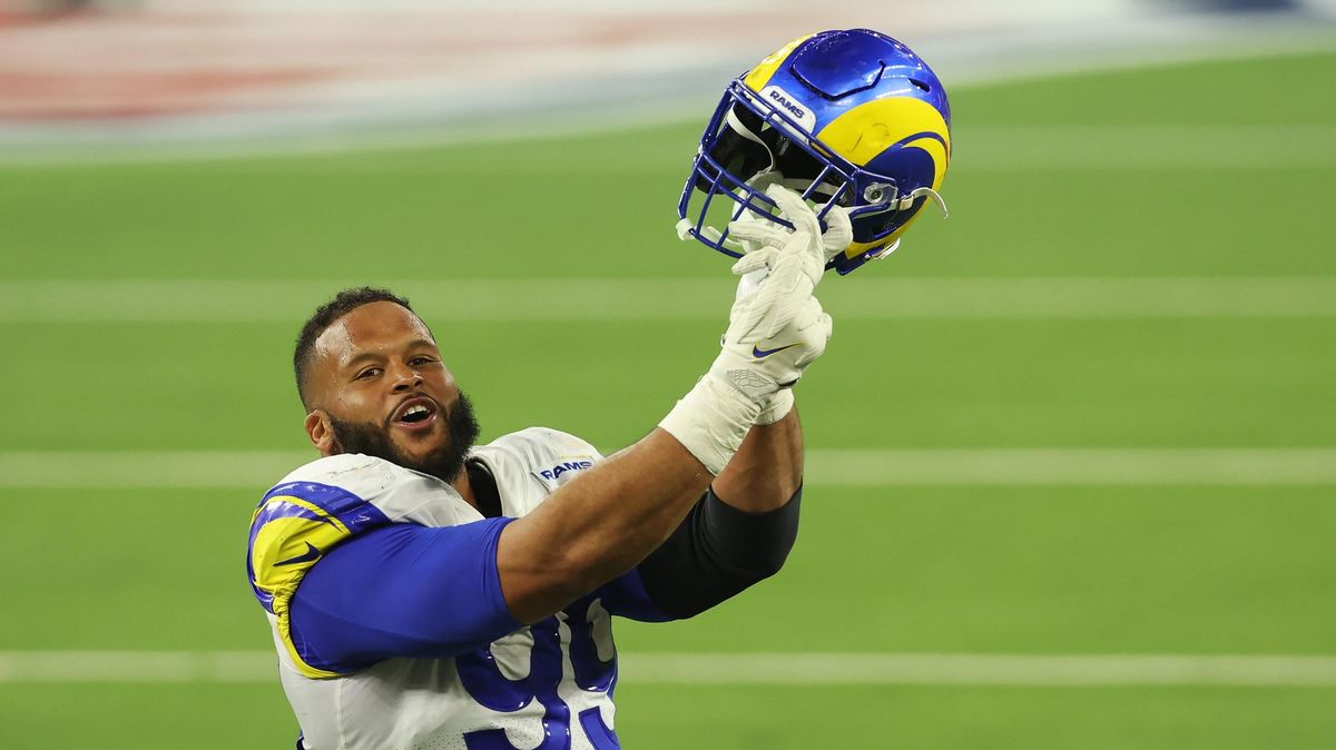 Aaron Donald of the Los Angeles Rams reacts following a fourth down stop during the fourth quarter of Super Bowl LVI against the Cincinnati Bengals at SoFi Stadium on February 13, 2022.