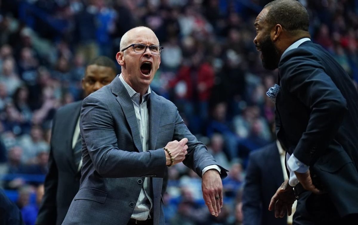 Dec 23, 2023; Hartford, Connecticut, USA; Connecticut Huskies head coach Dan Hurley reacts after a call as they take on the St. John's Red Storm at XL Center.