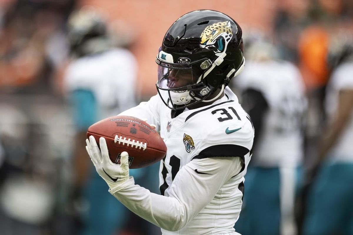 Dec 10, 2023; Cleveland, Ohio, USA; Jacksonville Jaguars cornerback Darious Williams (31) catches the ball during warm ups before the game against the Cleveland Browns at Cleveland Browns Stadium.