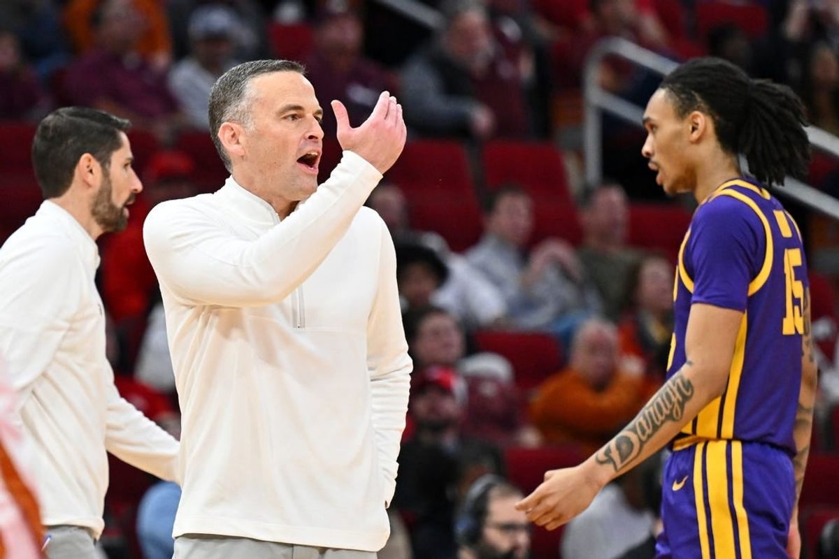 Dec 16, 2023; Houston, Texas, USA; LSU Tigers head coach Matt McMahon gestures to players against the Texas Longhorns during the second half at Toyota Center.