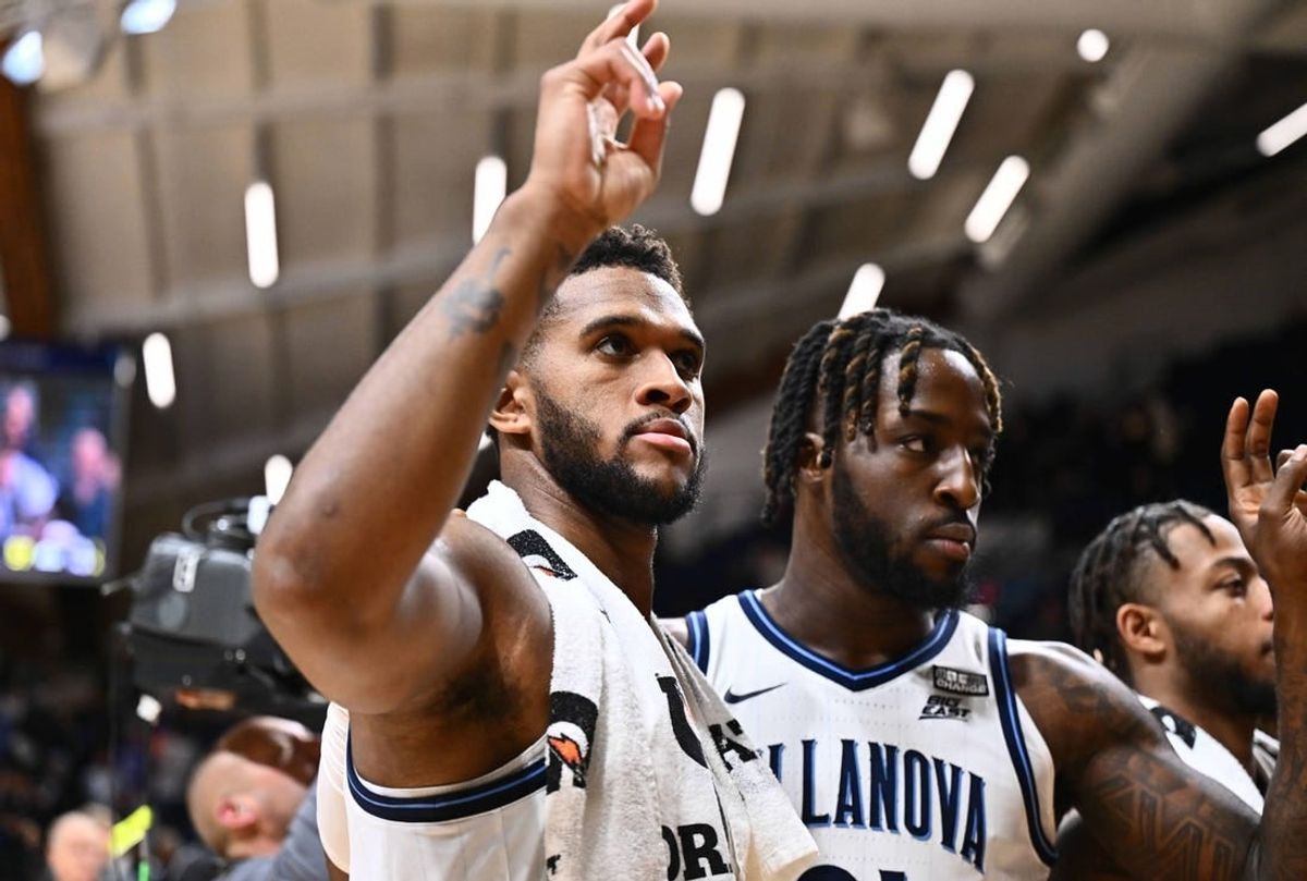 Nov 10, 2023; Villanova, Pennsylvania, USA; Villanova Wildcats forward Eric Dixon (43) celebrates with teammates after the game against the Le Moyne Dolphins at William B. Finneran Pavilion.