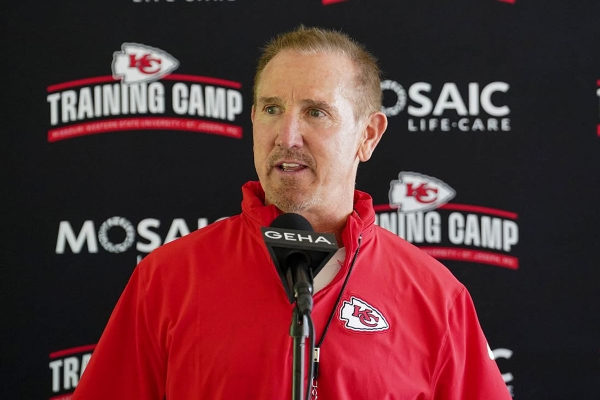 Jul 24, 2023; St. Joseph, MO, USA; Kansas City Chiefs defensive coordinator Steve Spagnuolo answers questions from reporters during training camp at Missouri Western State University.