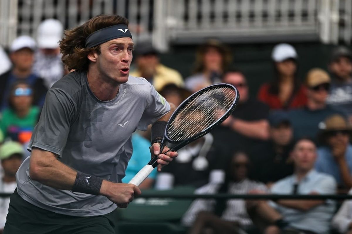 Mar 10, 2024; Indian Wells, CA, USA; Andrey Rublev runs to the net in his third round match against Jiri Lehecka (CZE) during the BNP Paribas Open at Indian Wells Tennis Garden.