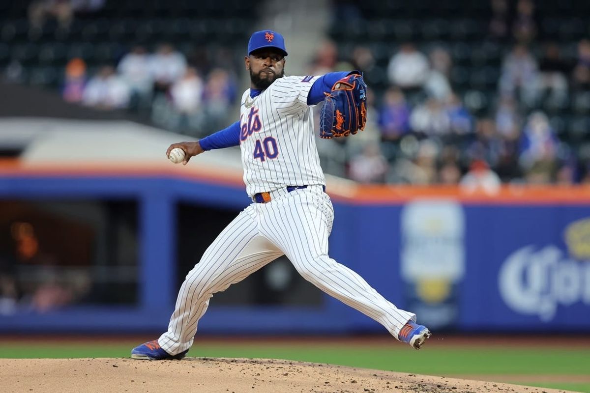 Apr 12, 2024; New York City, New York, USA; New York Mets starting pitcher Luis Severino (40) pitches against the Kansas City Royals during the second inning at Citi Field.