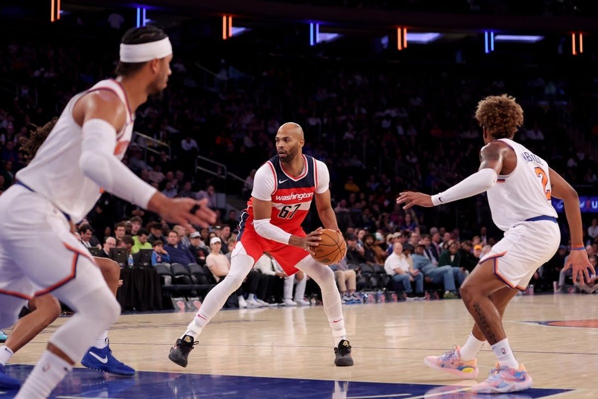 Oct 18, 2023; New York, New York, USA; Washington Wizards forward Taj Gibson (67) controls the ball against the New York Knicks during the fourth quarter at Madison Square Garden.