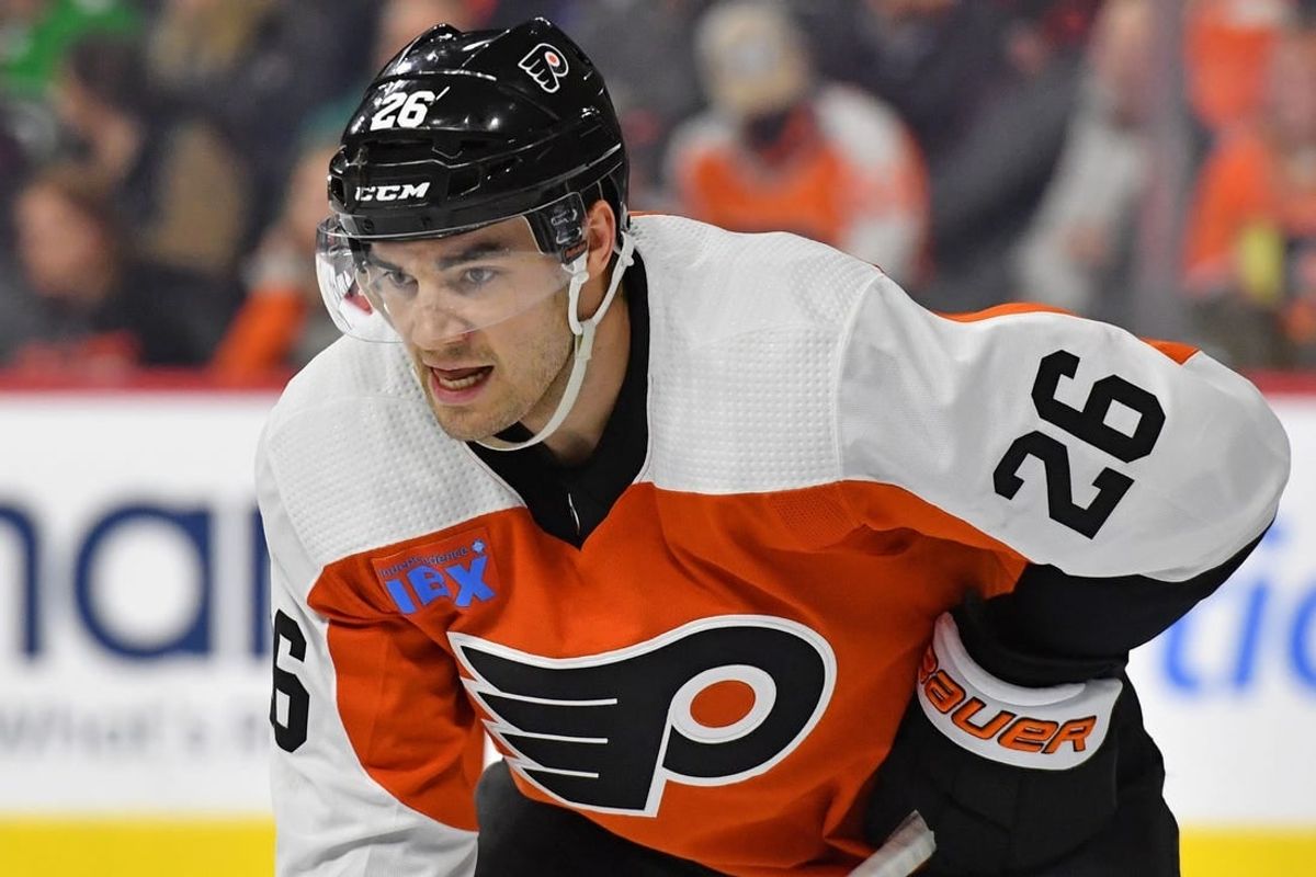 Feb 27, 2024; Philadelphia, Pennsylvania, USA; Philadelphia Flyers defenseman Sean Walker (26) against the Tampa Bay Lightning at Wells Fargo Center.