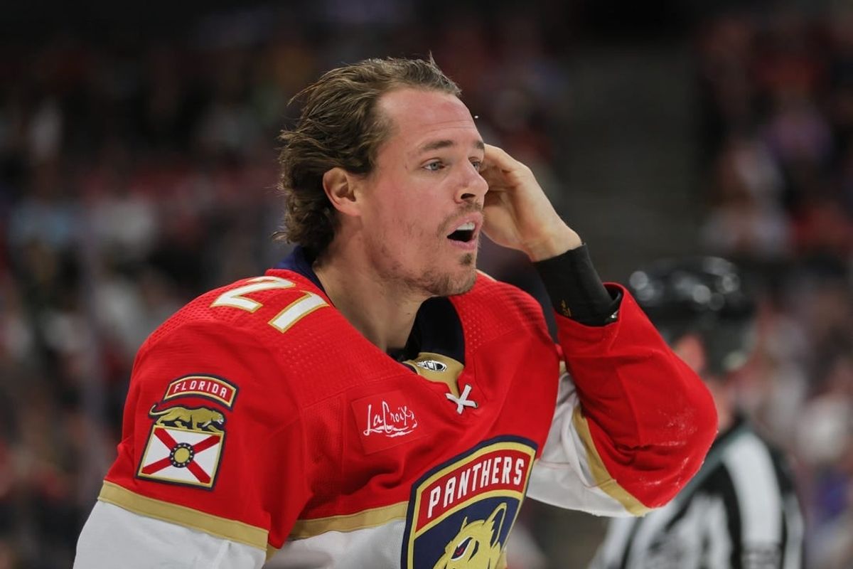 Feb 29, 2024; Sunrise, Florida, USA; Florida Panthers center Nick Cousins (21) looks on against the Montreal Canadiens during the second period at Amerant Bank Arena.