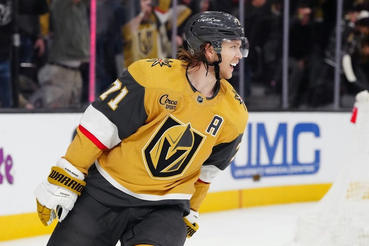 Feb 6, 2024; Las Vegas, Nevada, USA; Vegas Golden Knights center William Karlsson (71) celebrates after scoring an empty net goal against the Edmonton Oilers during the third period at T-Mobile Arena.