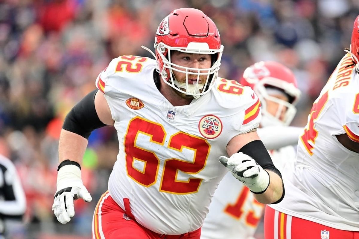 Dec 17, 2023; Foxborough, Massachusetts, USA; Kansas City Chiefs guard Joe Thuney (62)  in action during the first half against the New England Patriots at Gillette Stadium.