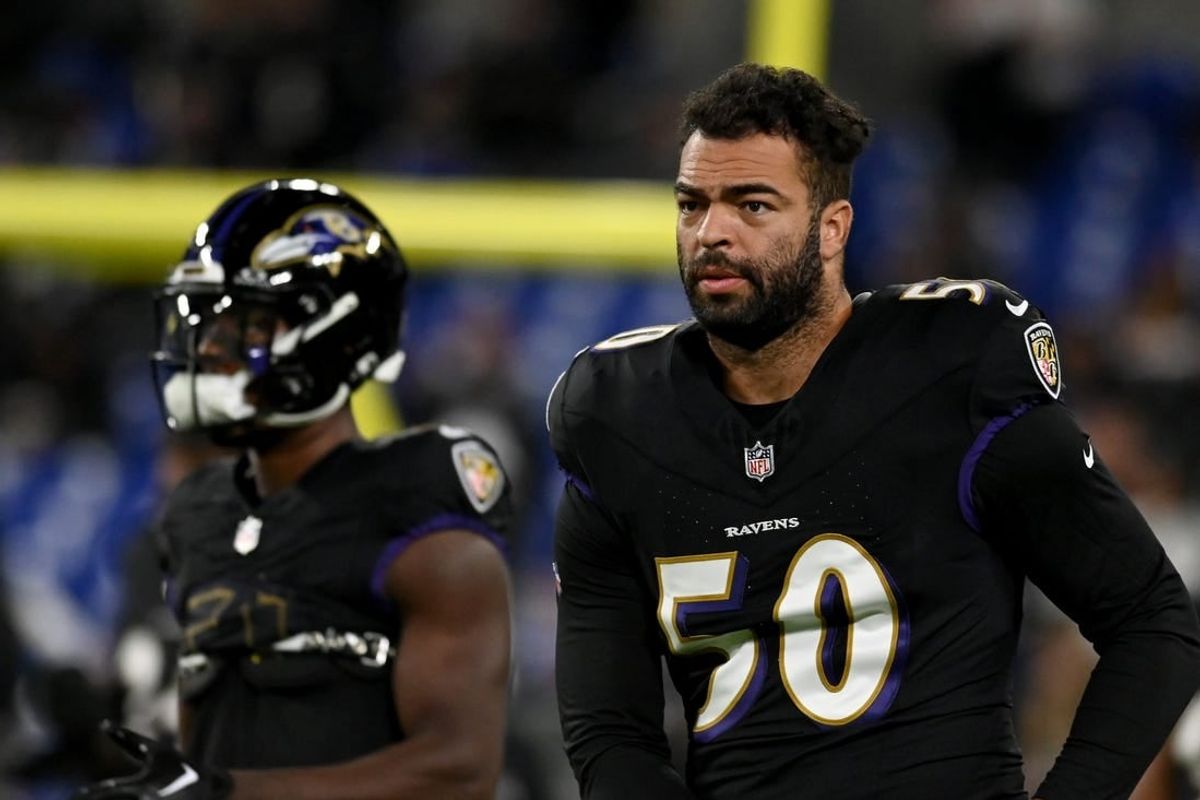 Nov 16, 2023; Baltimore, Maryland, USA; Baltimore Ravens linebacker Kyle Van Noy (50) warms up before a game against the Cincinnati Bengals at M&T Bank Stadium.