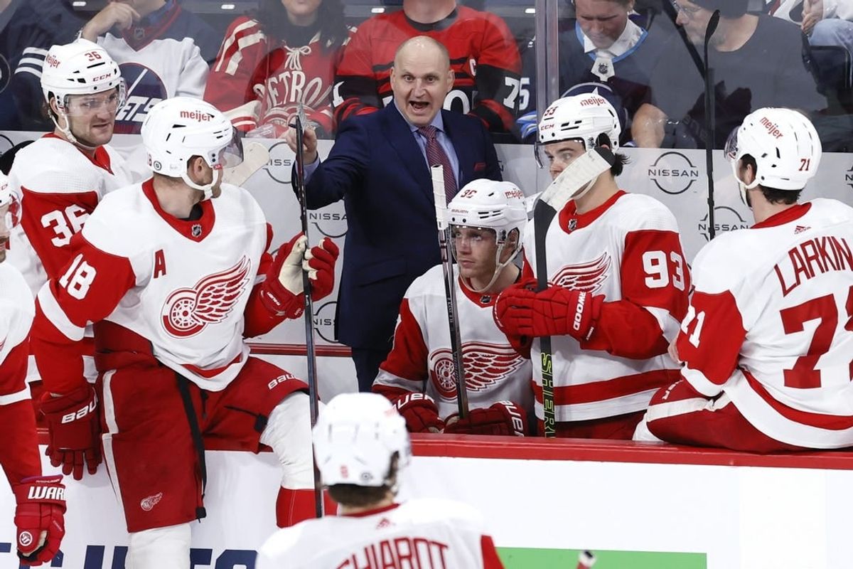 Dec 20, 2023; Winnipeg, Manitoba, CAN; Detroit Red Wings head coach Derek Lalonde gestures in the third period against the Winnipeg Jets at Canada Life Centre.