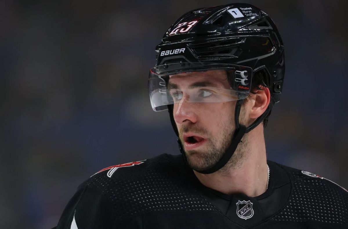 Dec 19, 2023; Buffalo, New York, USA;  Buffalo Sabres defenseman Mattias Samuelsson (23) during a stoppage in play against the Columbus Blue Jackets during the first period at KeyBank Center.