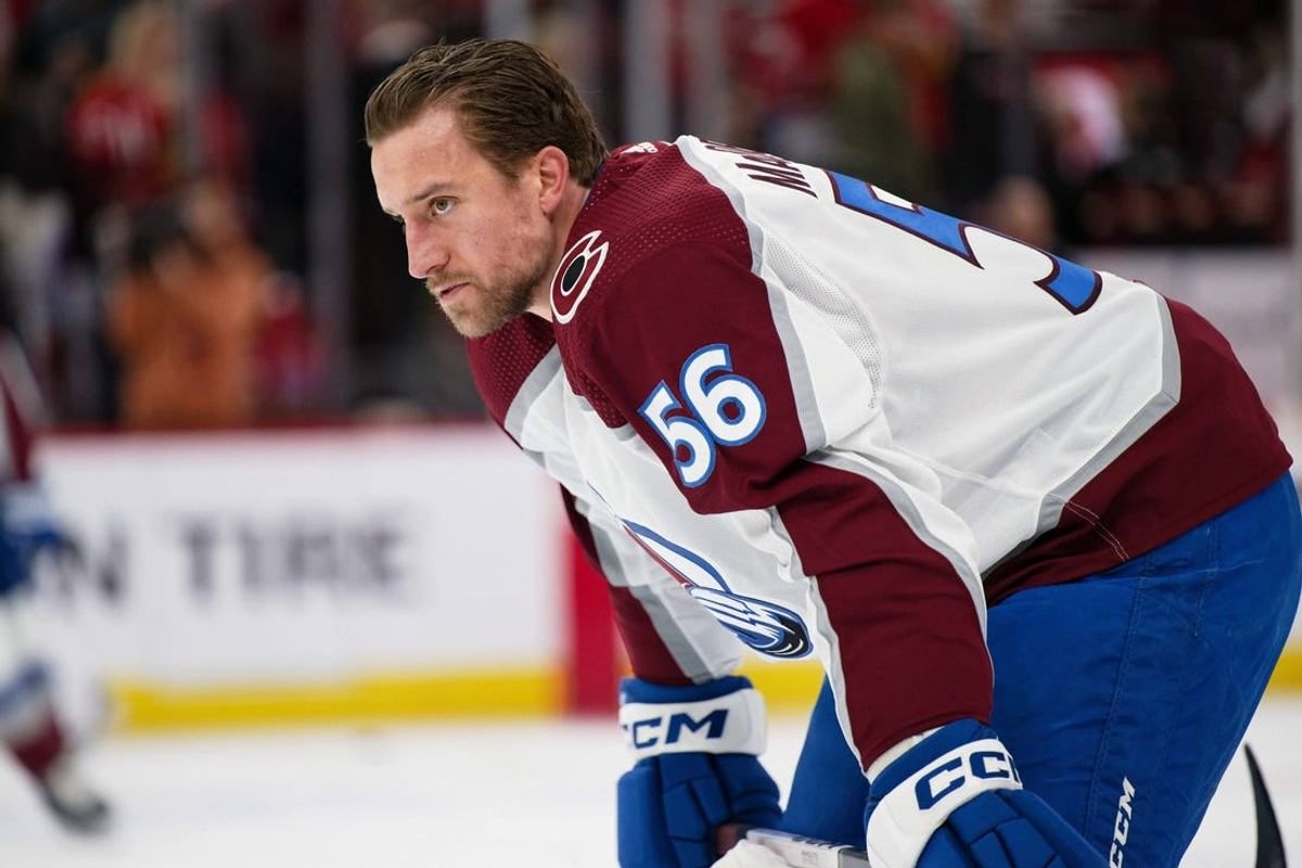 Dec 19, 2023; Chicago, Illinois, USA;  Colorado Avalanche defenseman Kurtis MacDermid (56) warms up before a game against the Chicago Blackhawks at United Center.