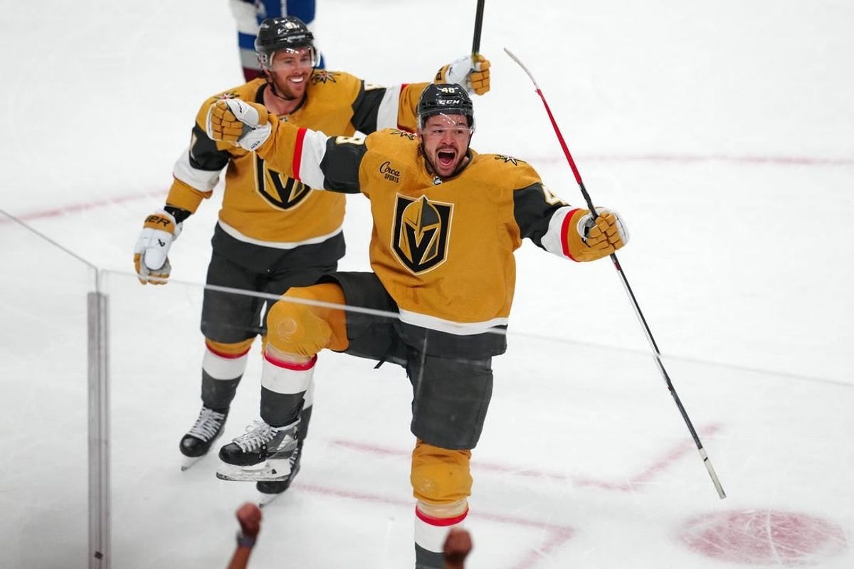 Apr 14, 2024; Las Vegas, Nevada, USA; Vegas Golden Knights center Tomas Hertl (48) celebrates with Vegas Golden Knights right wing Jonathan Marchessault (81) after scoring a goal against the Colorado Avalanche during an overtime period to give the Golden Knights a 4-3 victory at T-Mobile Arena.