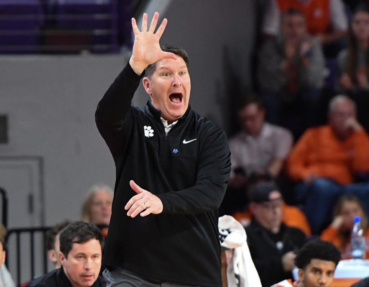 Feb 27, 2024; Clemson, South Carolina, USA;  Clemson Head Coach Brad Brownell communicates in the game with Pitt during the first half at Littlejohn Coliseum.