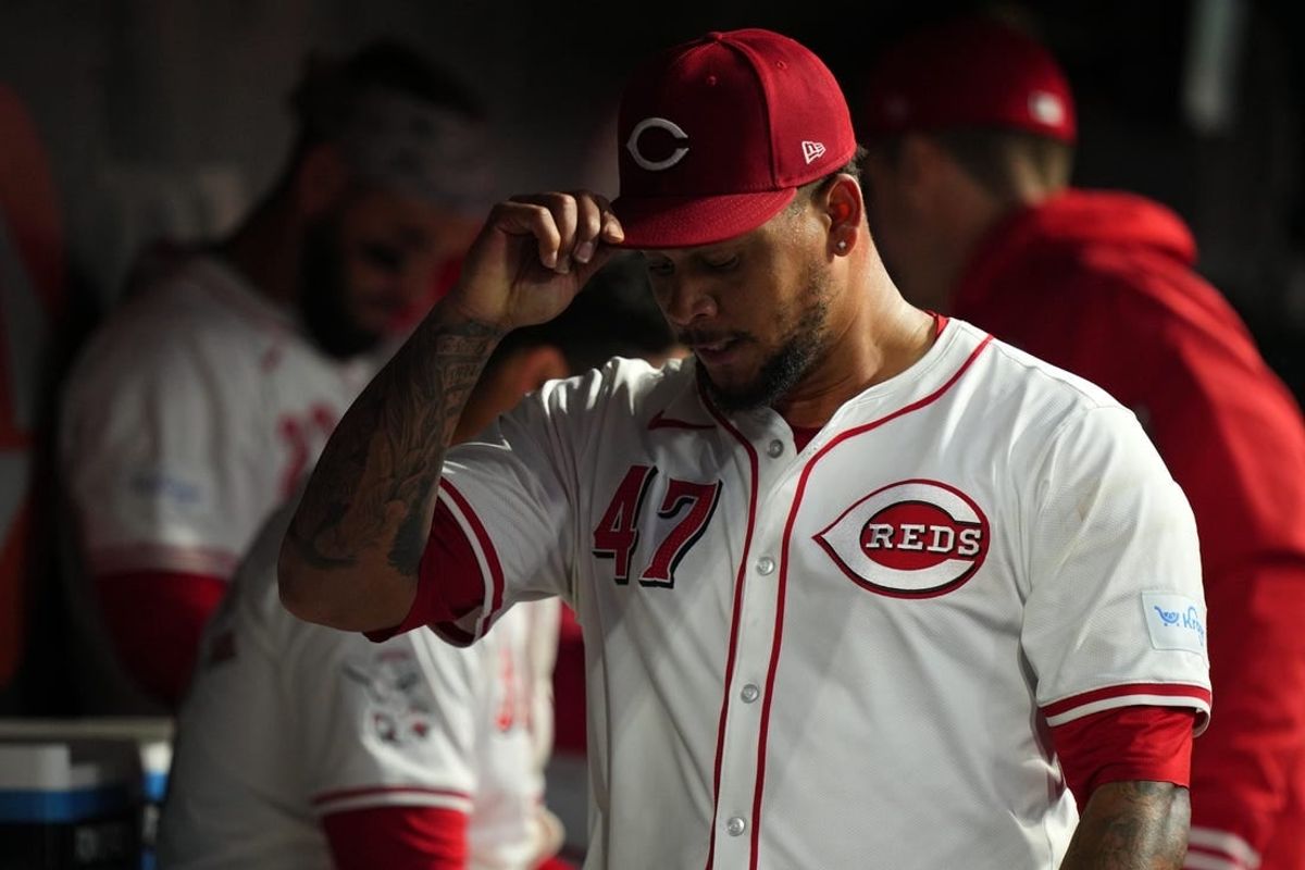Cincinnati Reds pitcher Frankie Montas (47) responds to being taken out of the game in the fifth inning of a baseball game against the Milwaukee Brewers, Tuesday, April 9, 2024, at Great American Ball Park in Cincinnati.