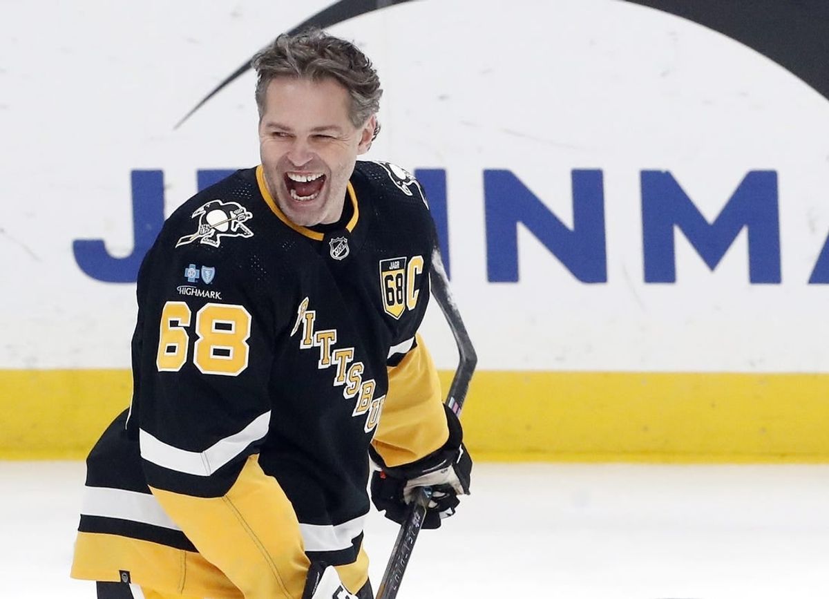 Feb 18, 2024; Pittsburgh, Pennsylvania, USA;  Pittsburgh Penguins former right wing Jaromir Jagr (68) reacts during warm-ups against the Los Angeles Kings at PPG Paints Arena. The Kings won 2-1.