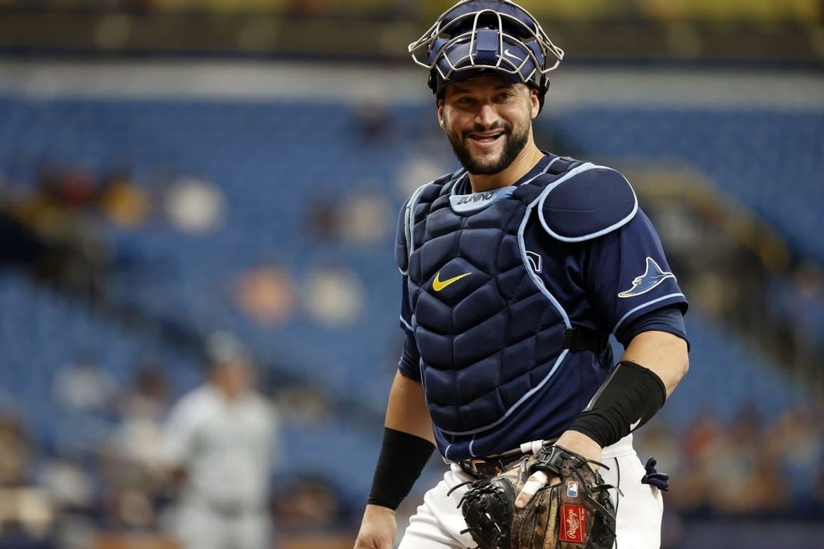 Aug 4, 2021; St. Petersburg, Florida, USA;  Tampa Bay Rays catcher Mike Zunino (10) smiles during the second inning against the Seattle Mariners at Tropicana Field.