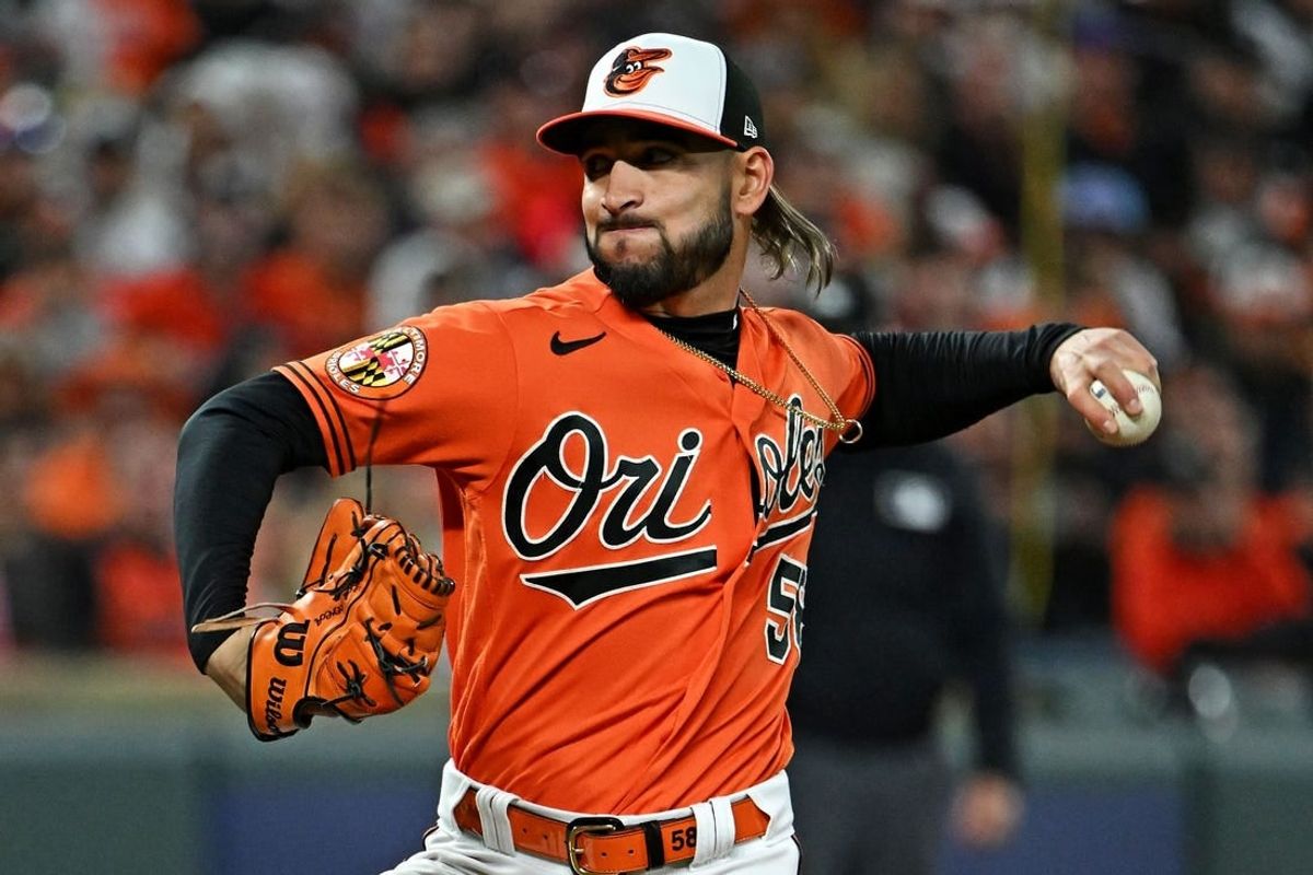 Oct 8, 2023; Baltimore, Maryland, USA; Baltimore Orioles relief pitcher Cionel Perez (58) pitches during the eighth inning against the Texas Rangers during game two of the ALDS for the 2023 MLB playoffs at Oriole Park at Camden Yards.
