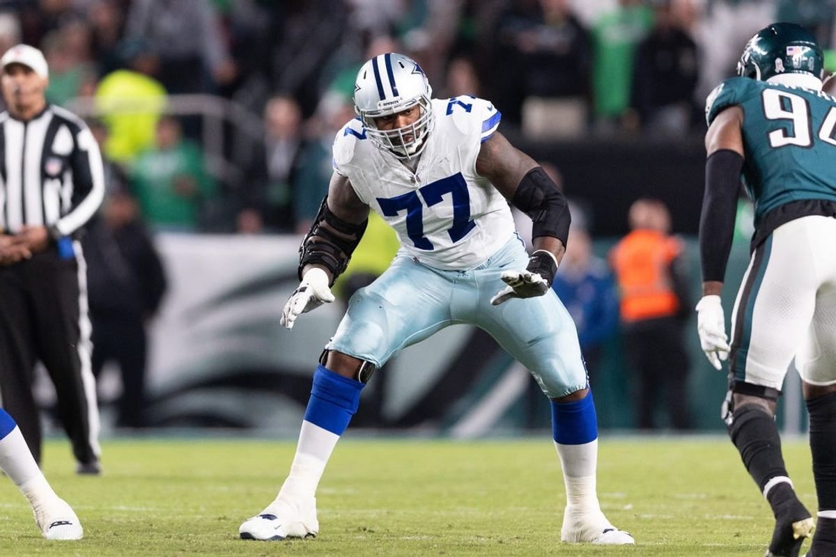 Nov 5, 2023; Philadelphia, Pennsylvania, USA; Dallas Cowboys offensive tackle Tyron Smith (77) in action against the Philadelphia Eagles at Lincoln Financial Field.