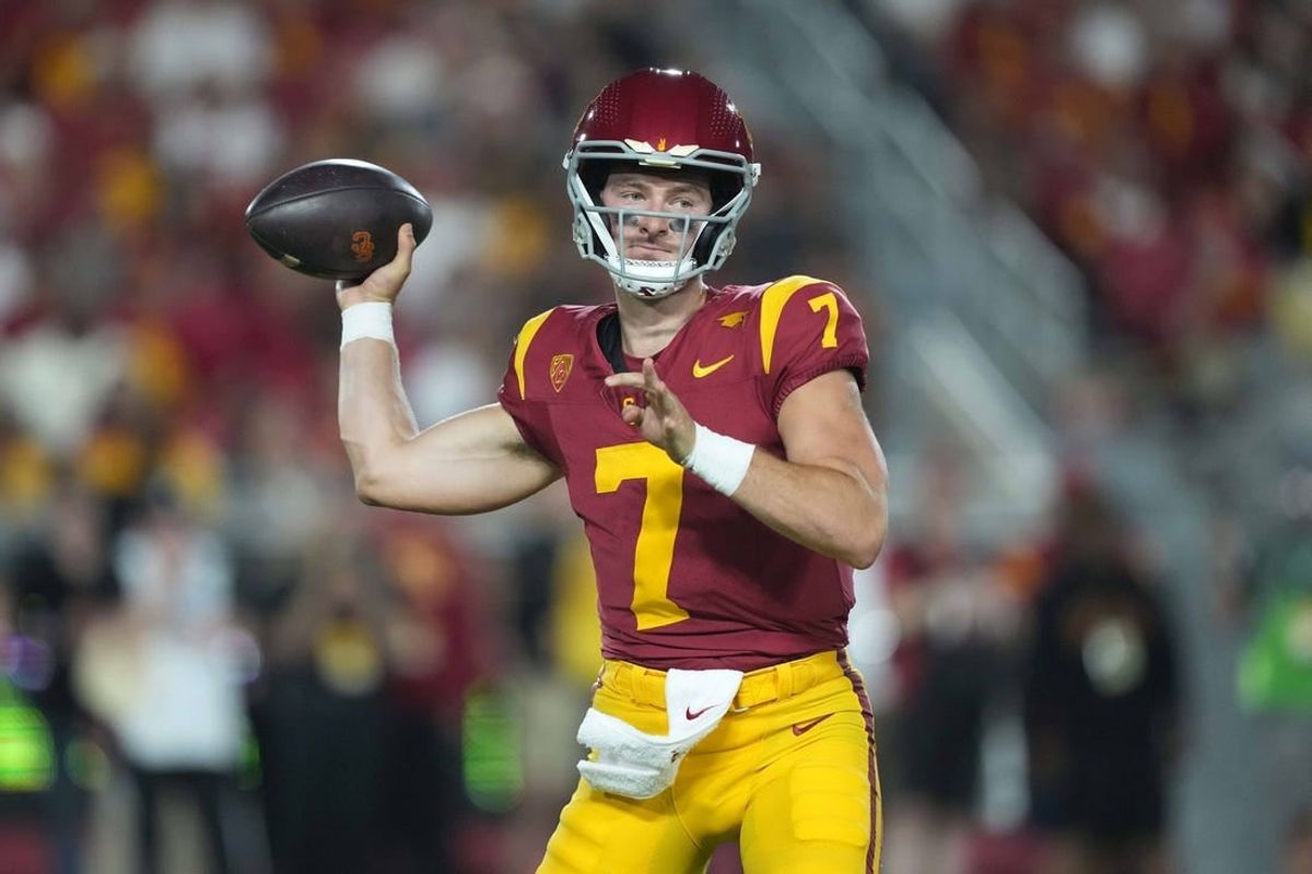 Sep 9, 2023; Los Angeles, California, USA; Southern California Trojans quarterback Miller Moss (7) throws the ball against the Stanford Cardinal in the second half at United Airlines Field at Los Angeles Memorial Coliseum.