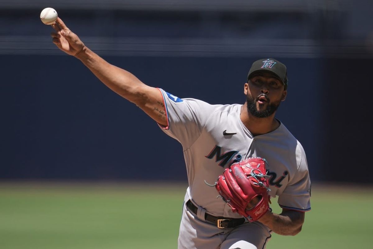 Aug 23, 2023; San Diego, California, USA;  Miami Marlins starting pitcher Sandy Alcantara (22) throws a pitch against to the San Diego Padres during the first inning at Petco Park.