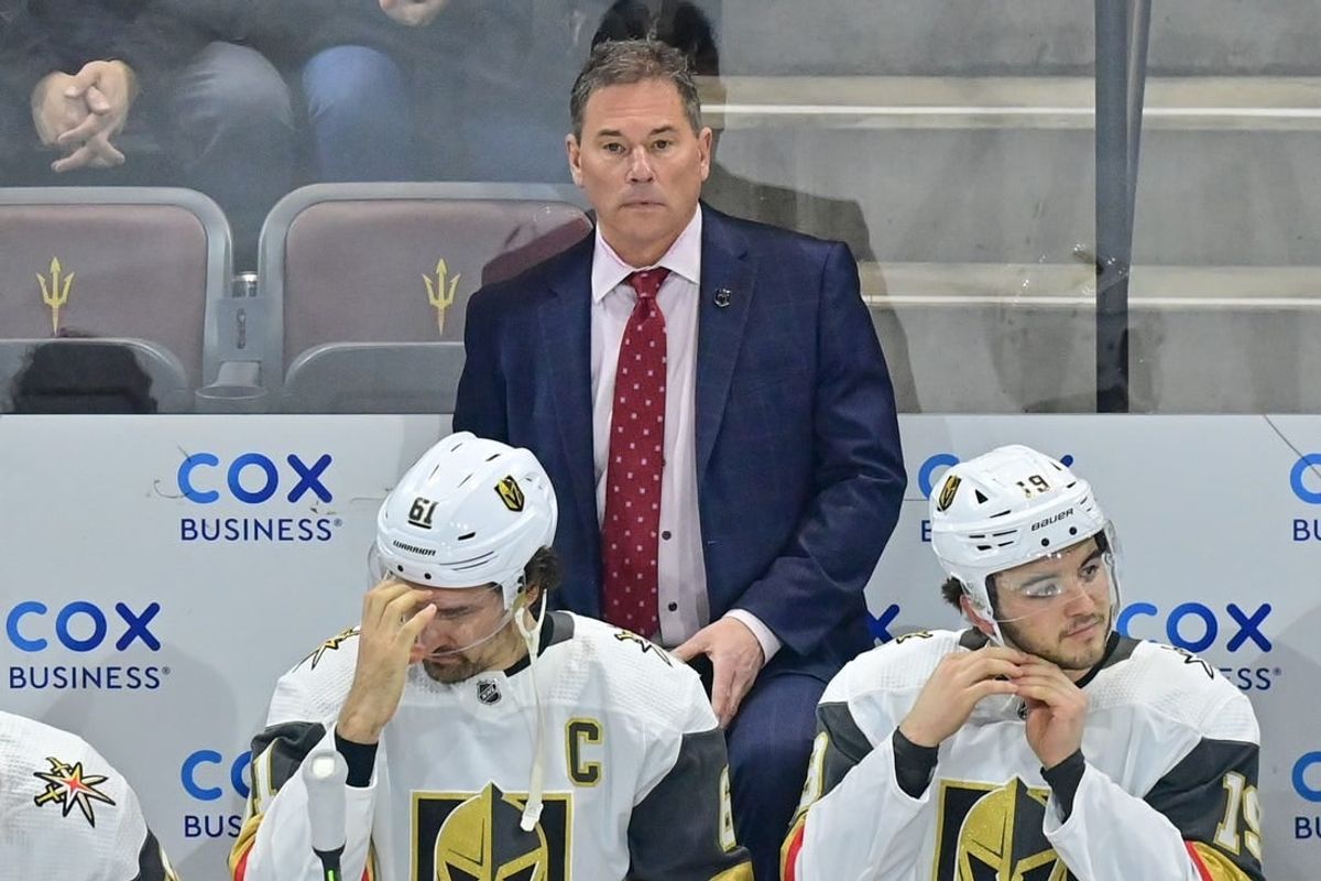 Feb 8, 2024; Tempe, Arizona, USA; Vegas Golden Knights head coach Bruce Cassidy looks on prior to the game against the Arizona Coyotes at Mullett Arena.