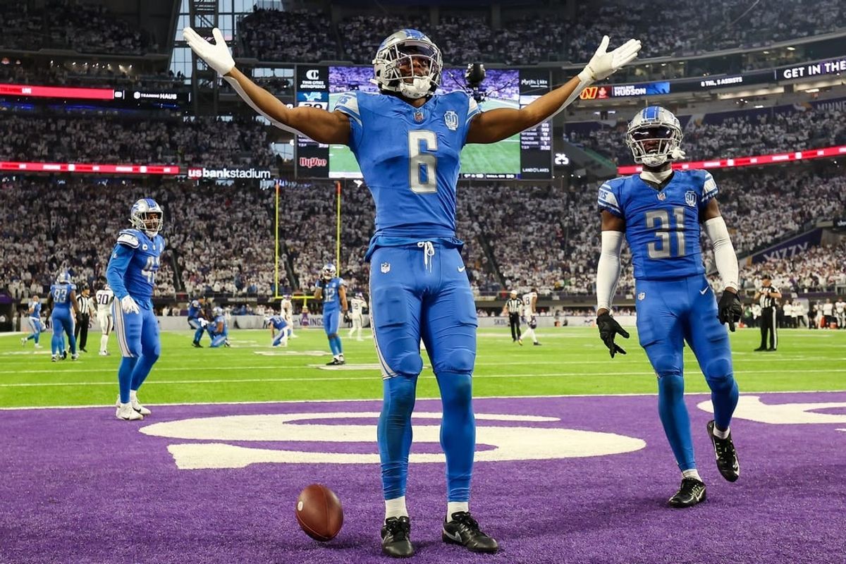 Dec 24, 2023; Minneapolis, Minnesota, USA; Detroit Lions safety Ifeatu Melifonwu (6) celebrates after he intercepted a pass against the Minnesota Vikings during the fourth quarter at U.S. Bank Stadium.