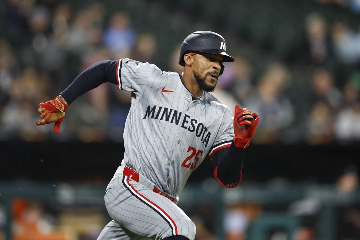 Apr 29, 2024; Chicago, Illinois, USA; Minnesota Twins outfielder Byron Buxton (25) runs to second base after hitting a double against the Chicago White Sox during the ninth inning at Guaranteed Rate Field.